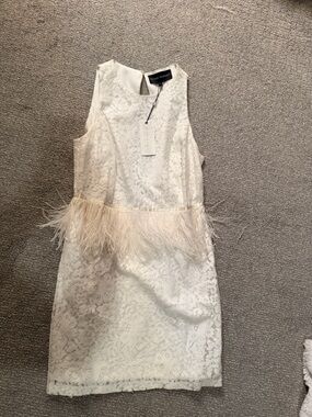Cream Lace Mini Dress with Feather Trim